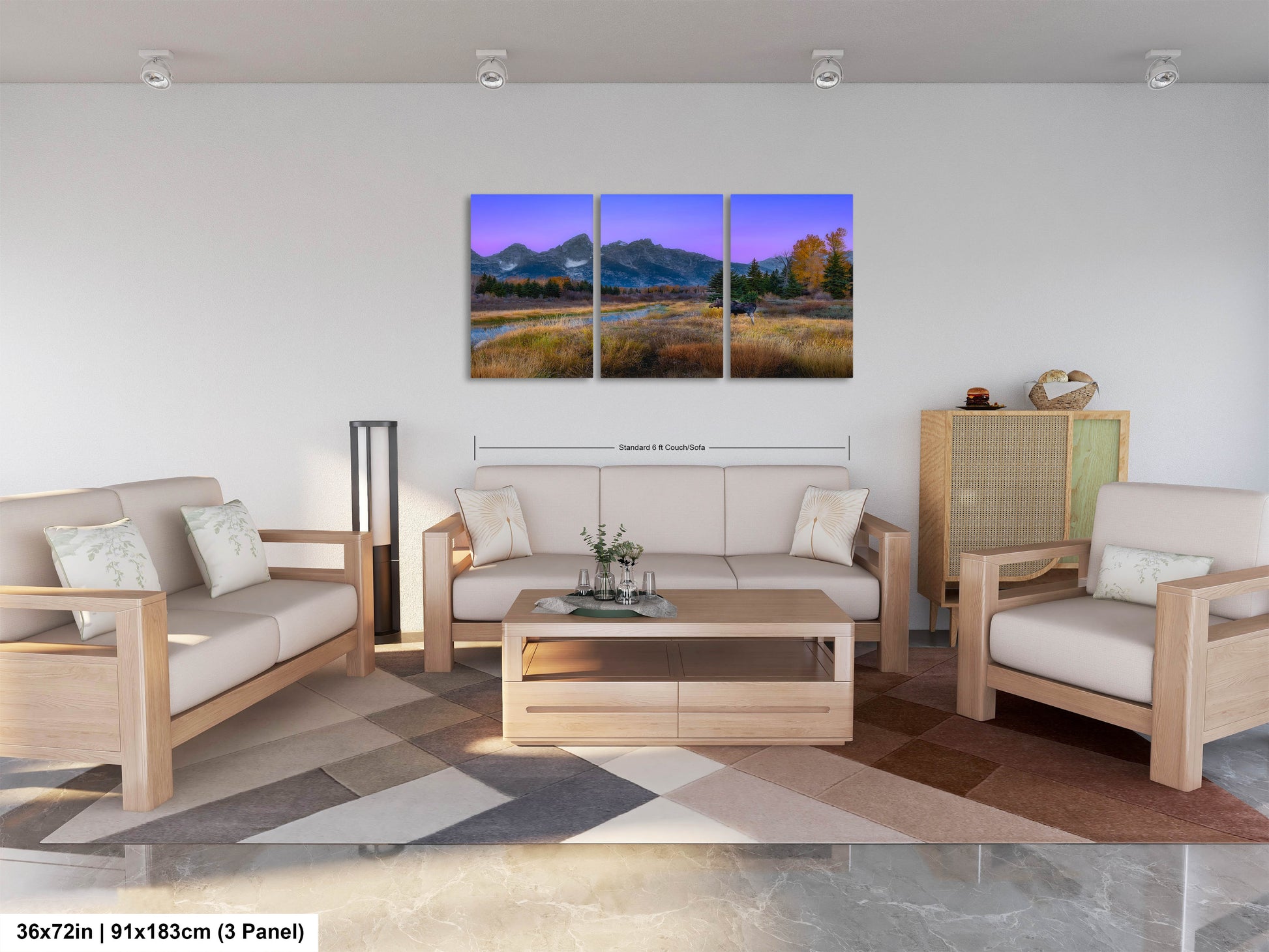 a living room filled with furniture and a painting on the wall