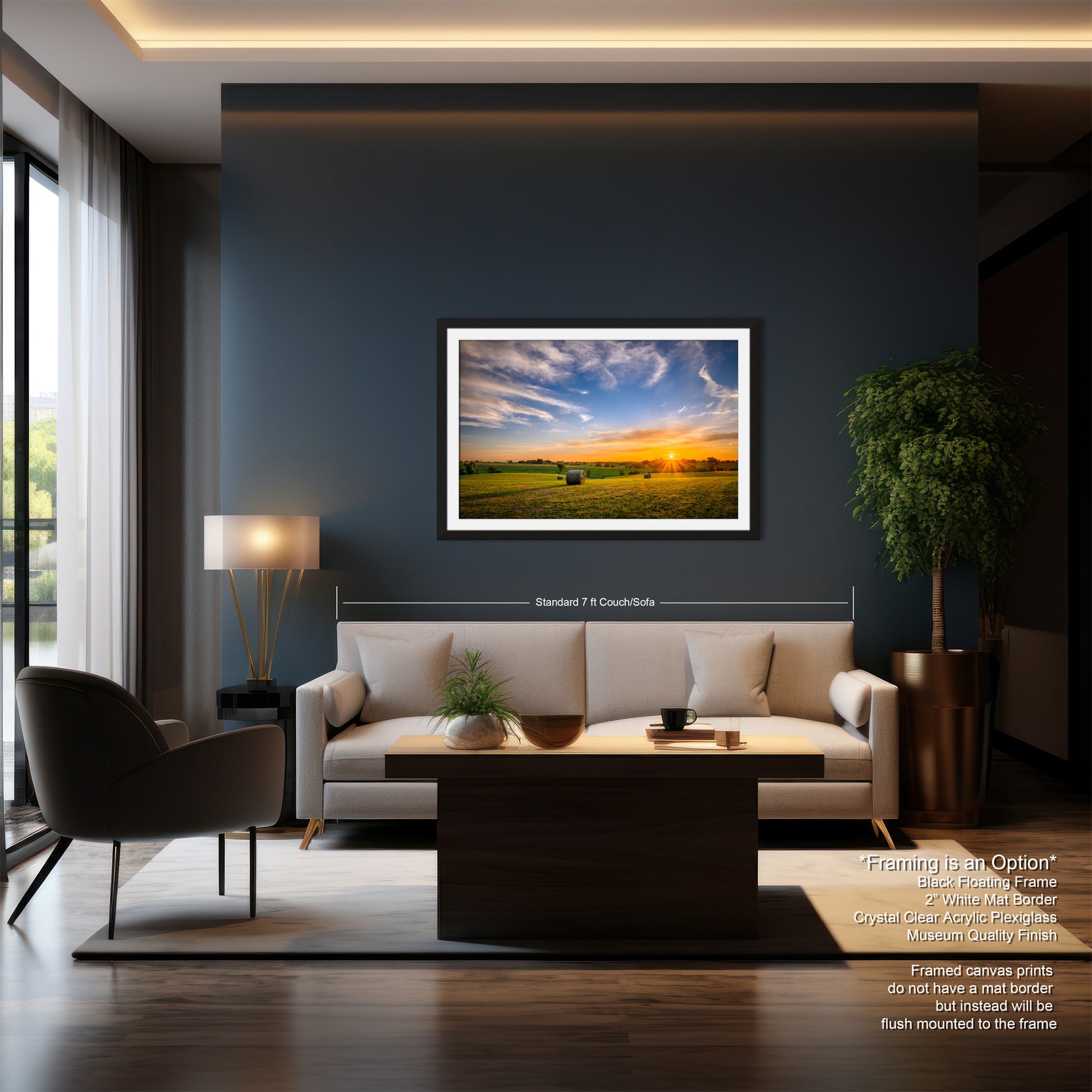 a living room with a couch a chair and a painting on the wall