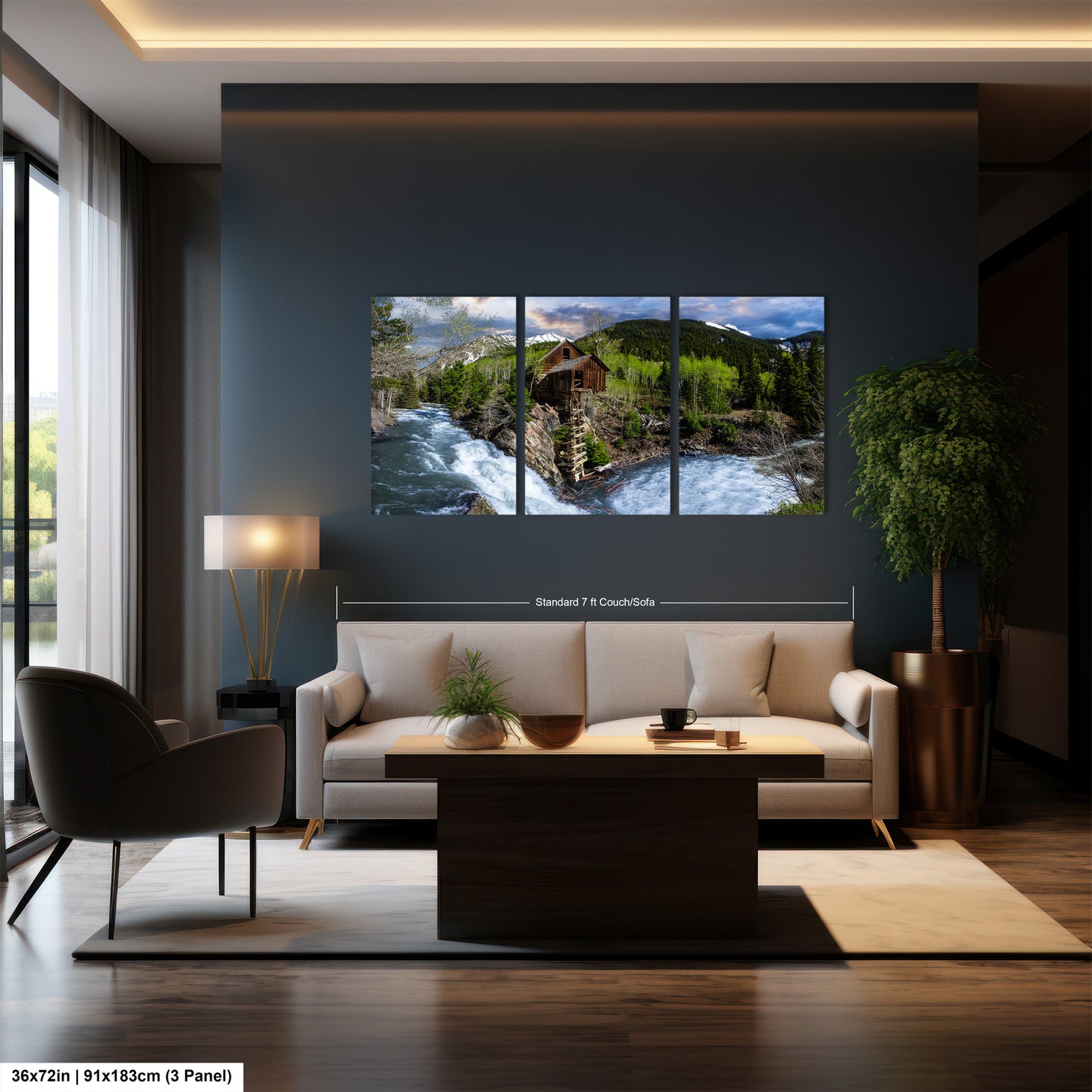 a living room filled with furniture and a painting on the wall