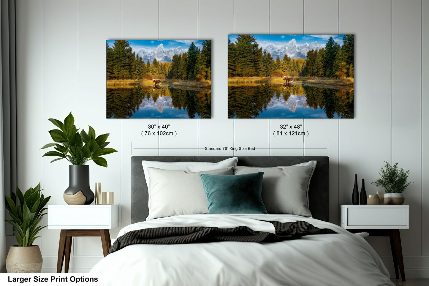 a bedroom with a bed and two pictures on the wall