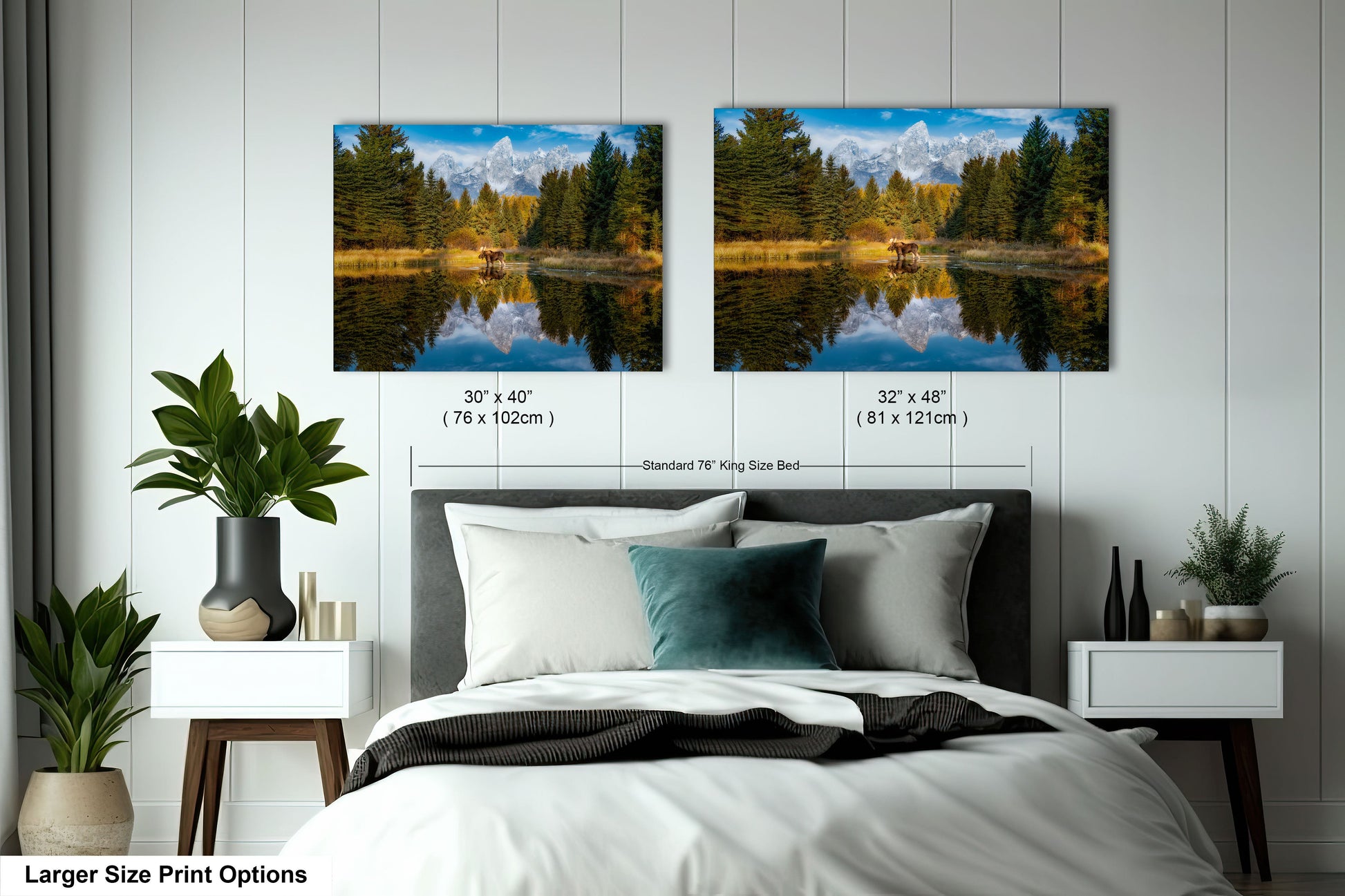 a bedroom with a bed and two pictures on the wall