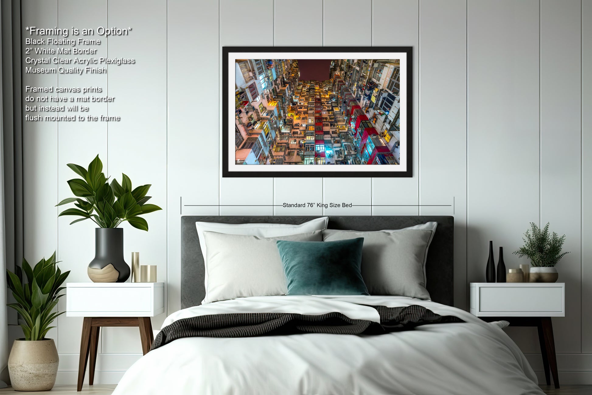 a bedroom with a bed and a plant in the corner