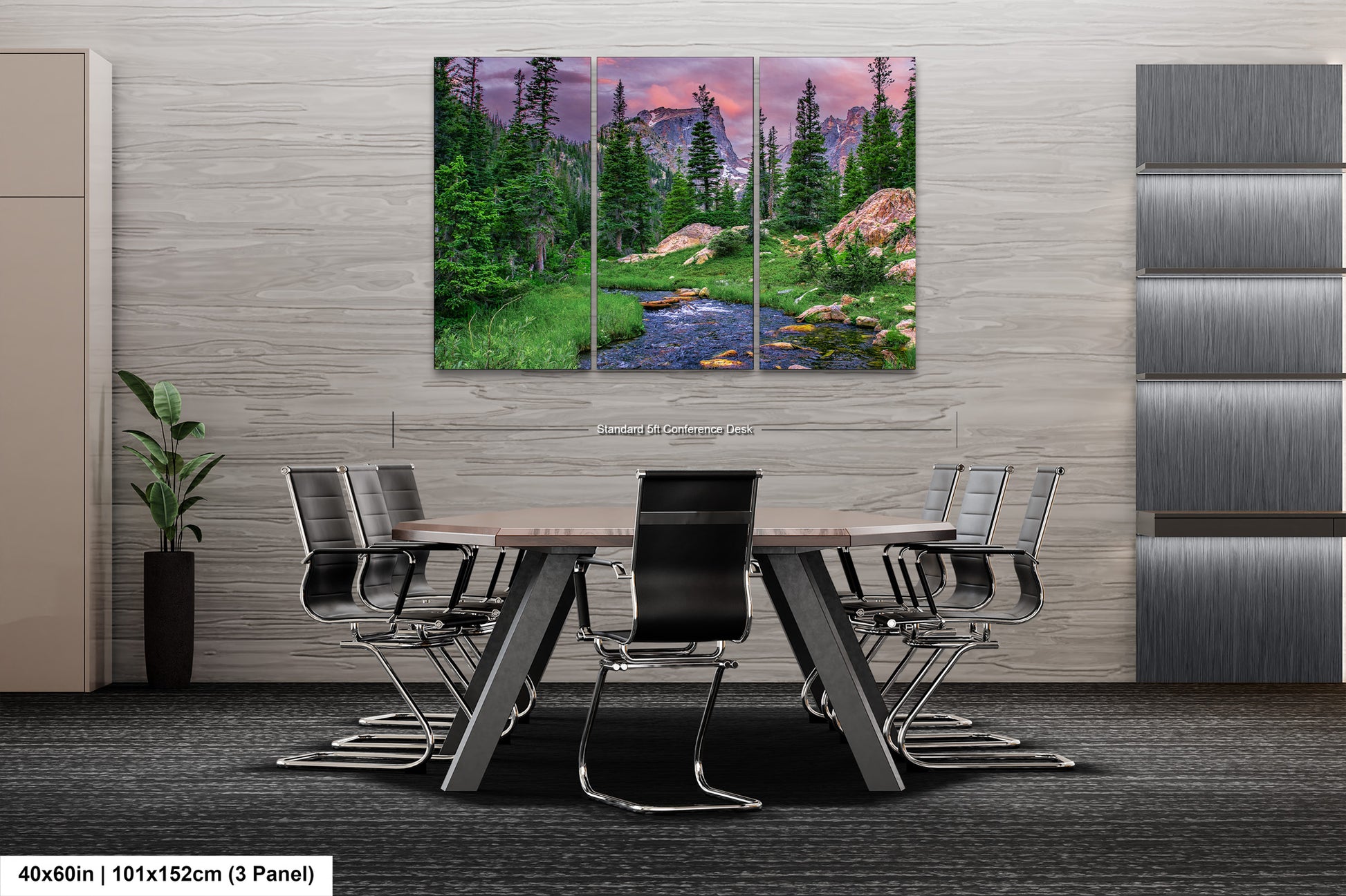 a dining room table with chairs and a painting on the wall
