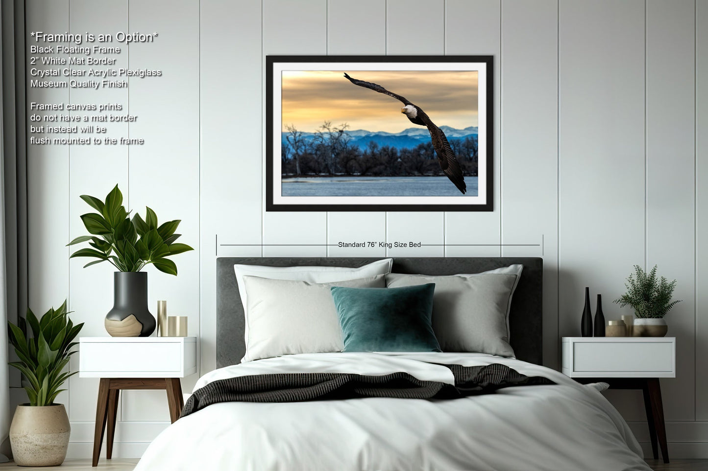 a large bird flying over a bed in a bedroom