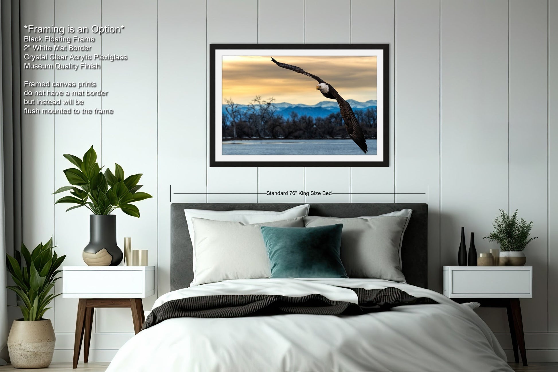 a large bird flying over a bed in a bedroom