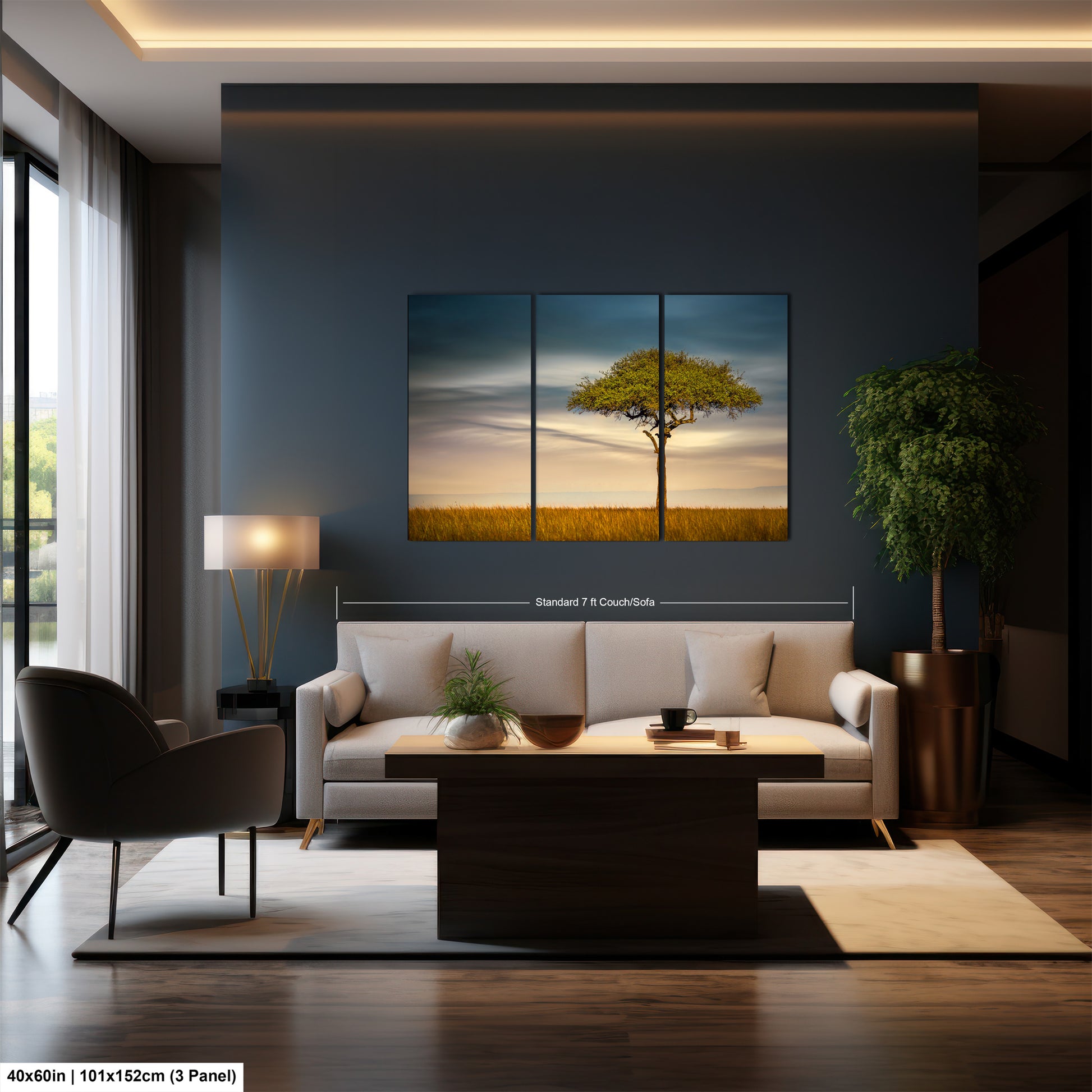 a living room with a couch and a painting on the wall