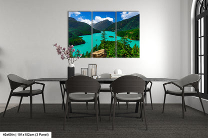 a modern dining room with a large, colorful landscape painting hanging on the wall above a black dining table surrounded by six chairs.