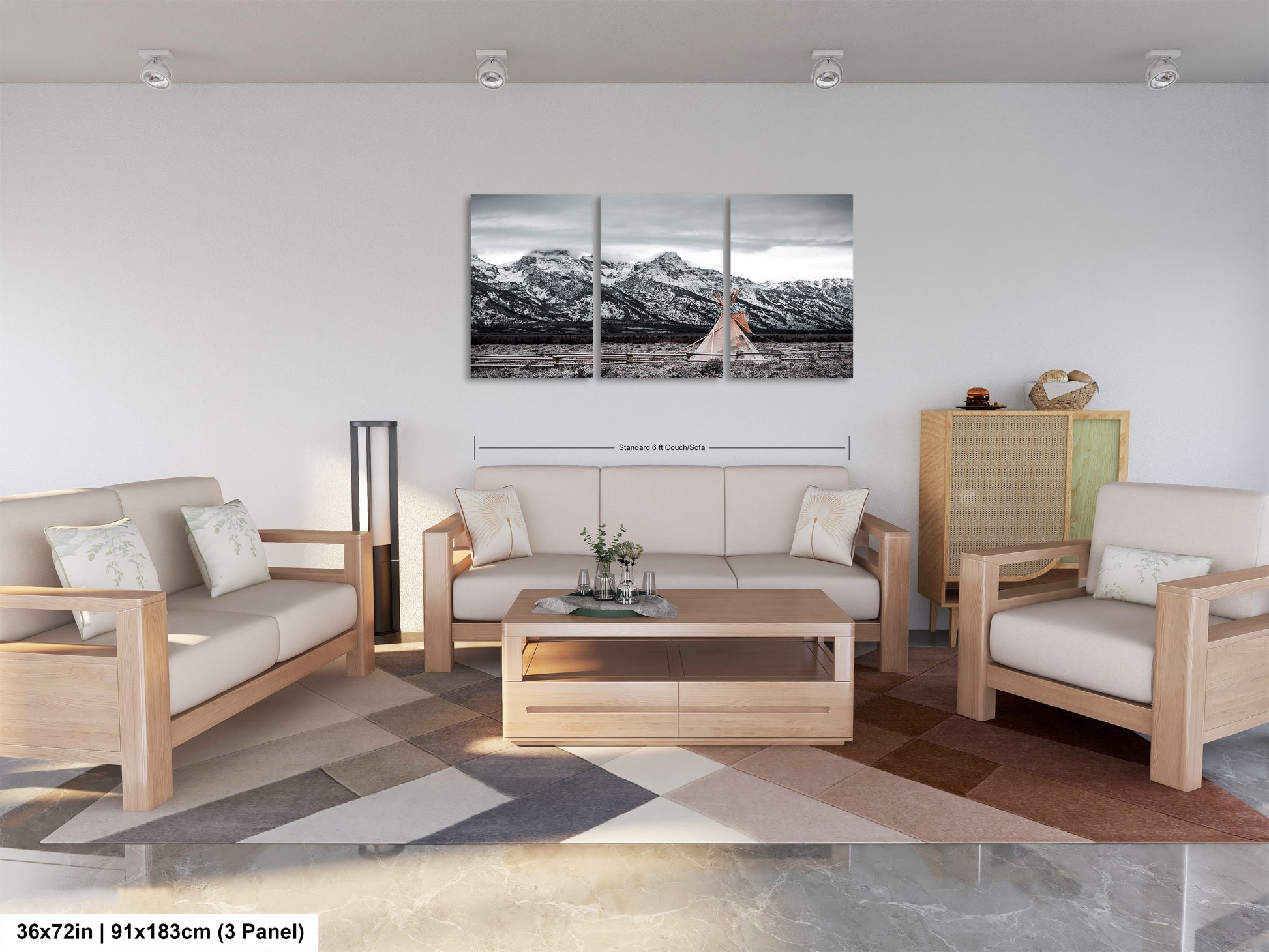 a living room filled with furniture and a painting on the wall