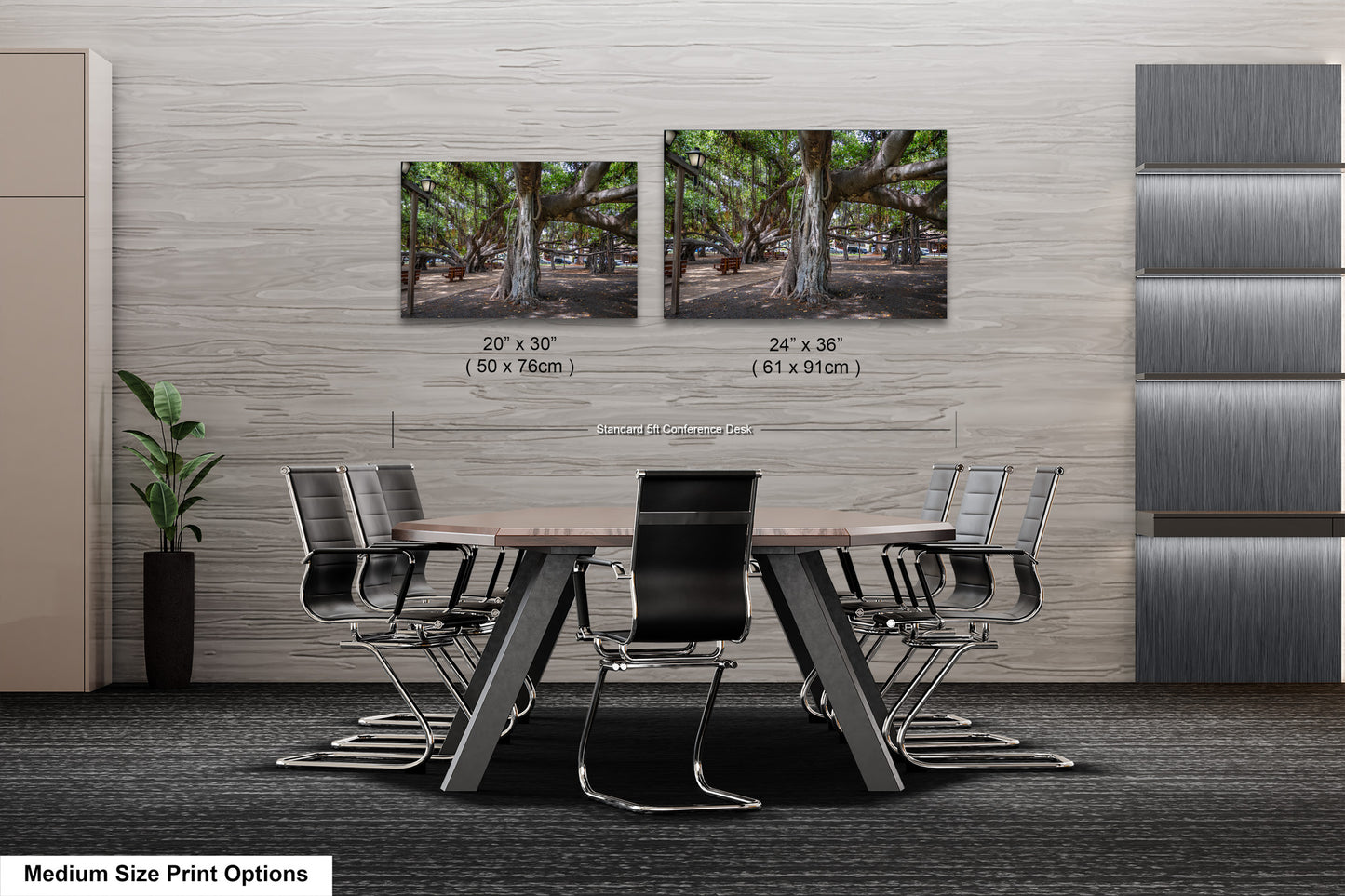 a dining room table with chairs and two pictures on the wall