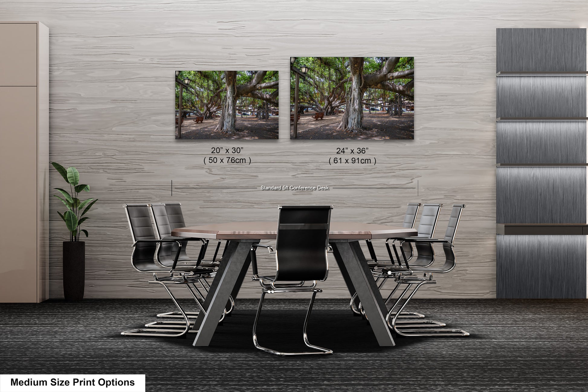 a dining room table with chairs and two pictures on the wall