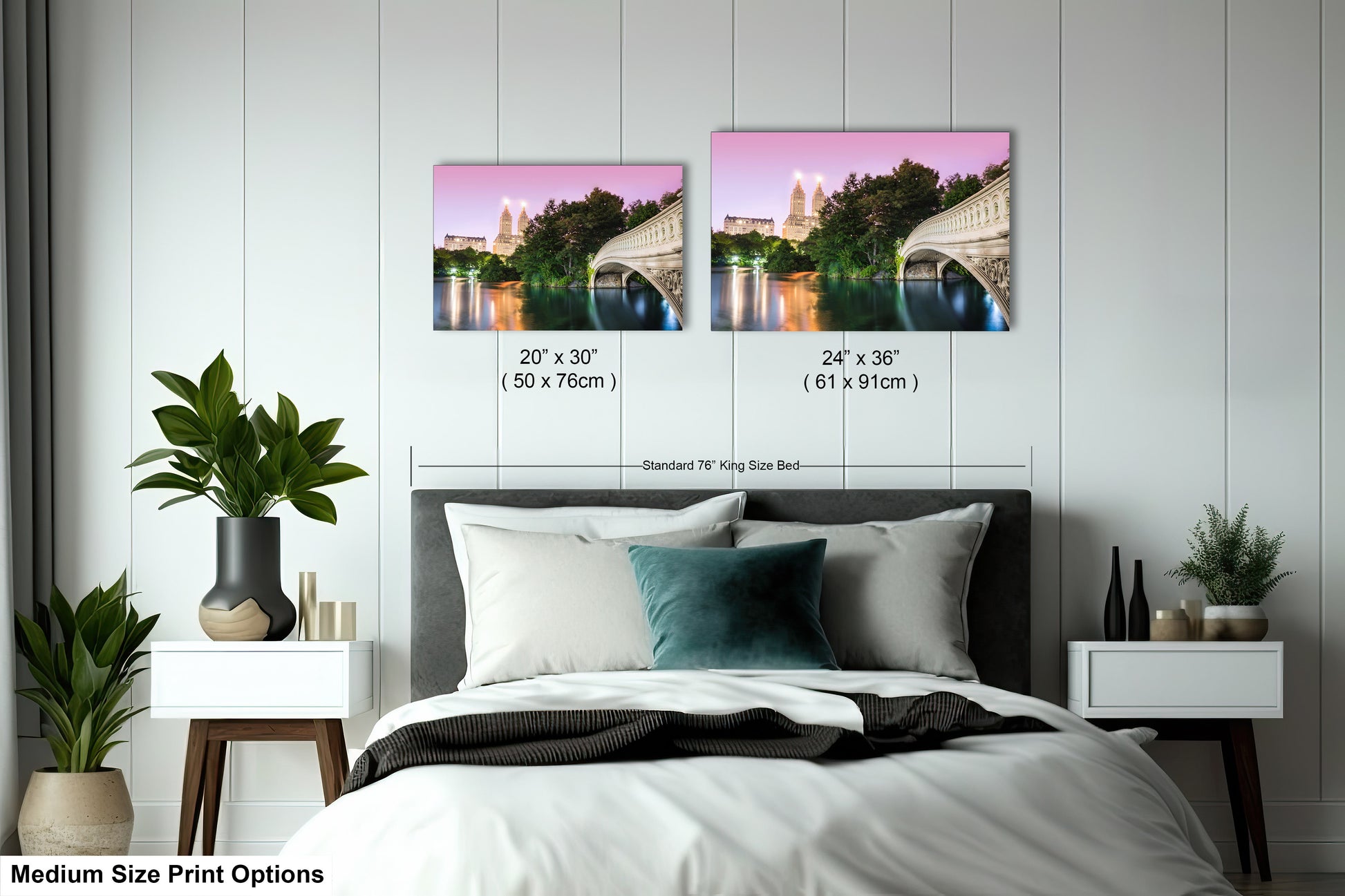 a bed room with a neatly made bed and two pictures on the wall