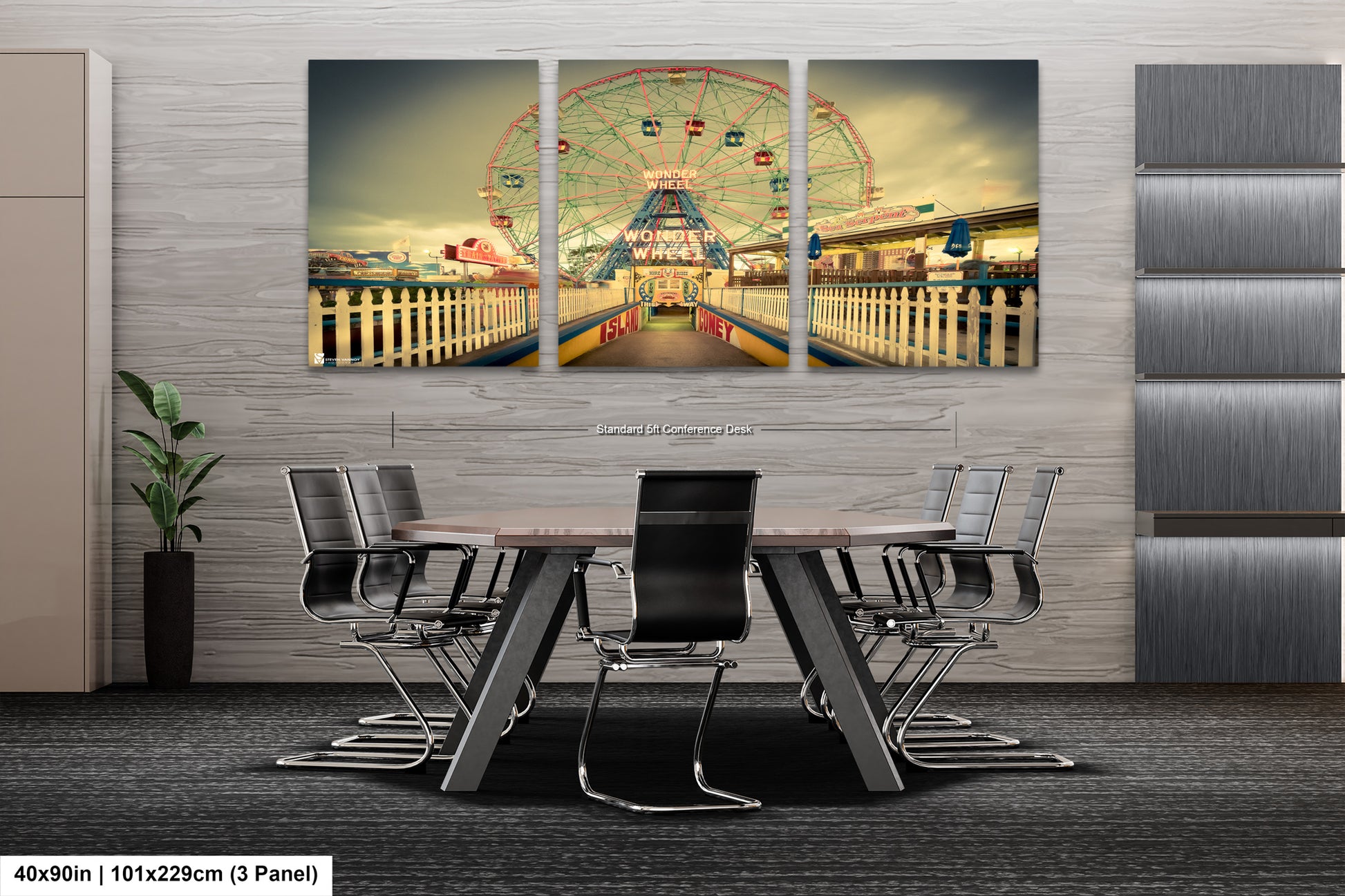 a dining room table with a ferris wheel in the background