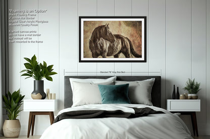 a picture of a horse on a wall above a bed