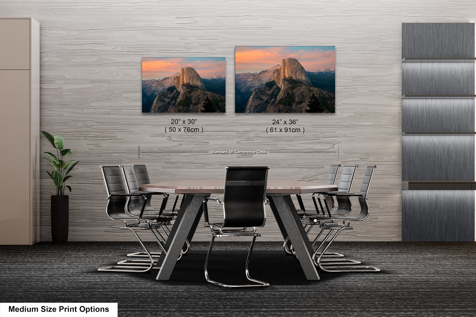 a dining room table with chairs and two pictures on the wall