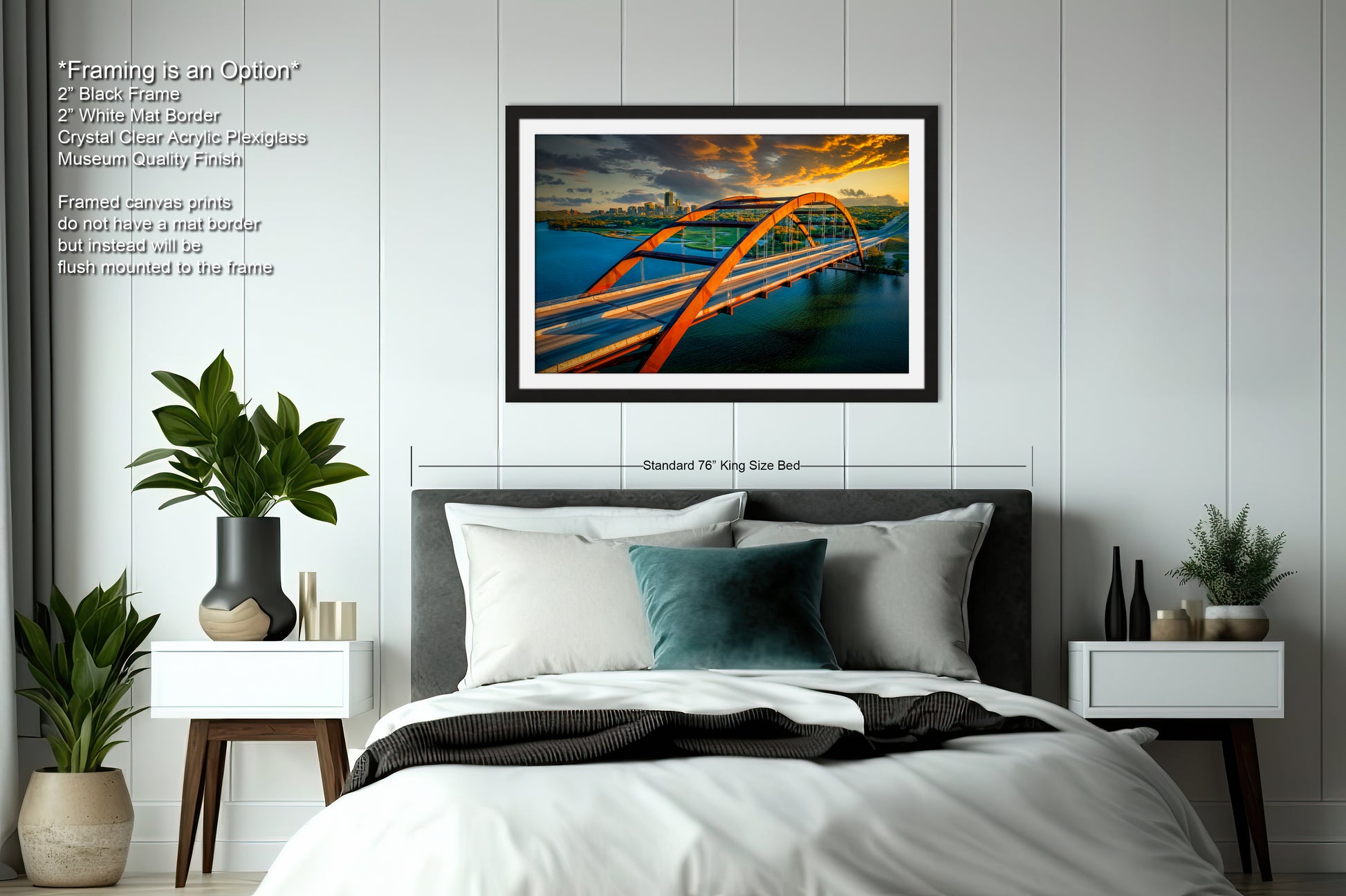 a bedroom with a large bed and a painting on the wall