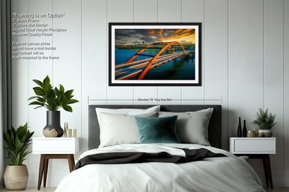 a bedroom with a large bed and a painting on the wall