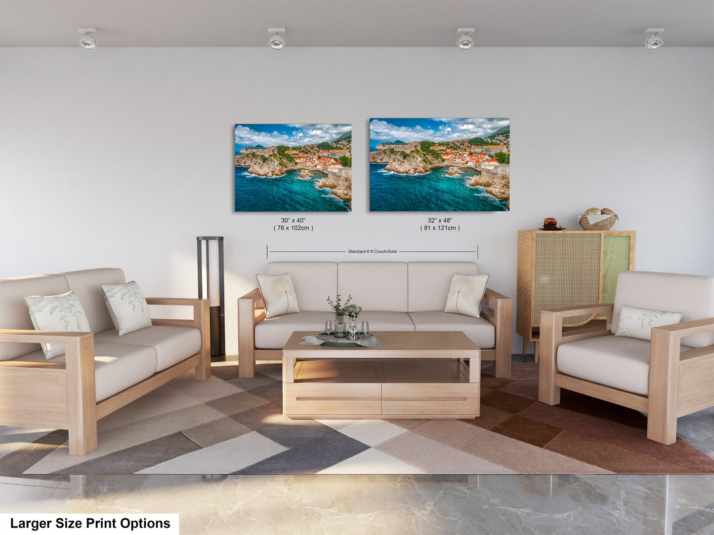 a living room filled with furniture and a painting on the wall
