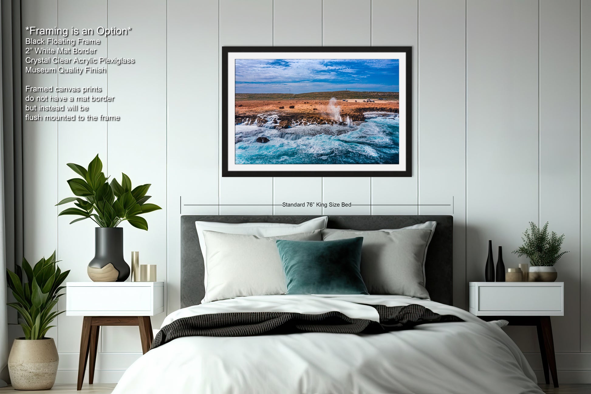 a bedroom with a large bed and a painting on the wall