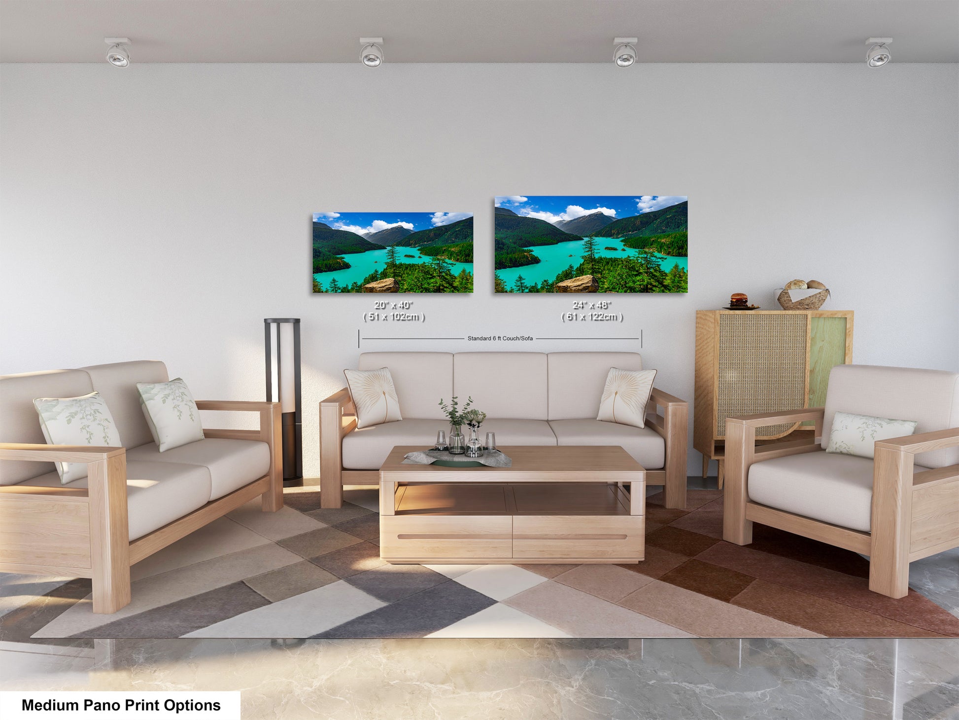 a modern living room with a large, colorful landscape painting hanging on the wall above a wooden coffee table. The room is furnished with a sofa, two armchairs, and a wooden cabinet. The overall design and decor create a cozy and inviting atmosphere.