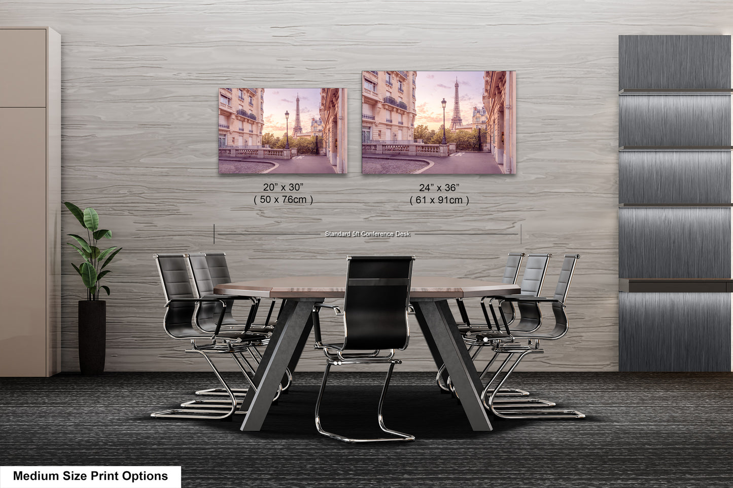 a dining room table with chairs and two pictures on the wall