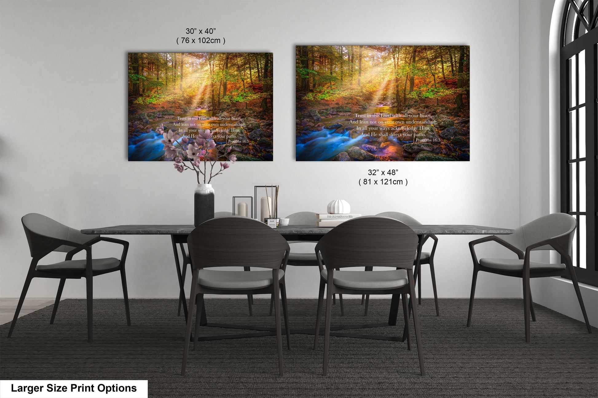 a dining room table with four chairs and a painting on the wall