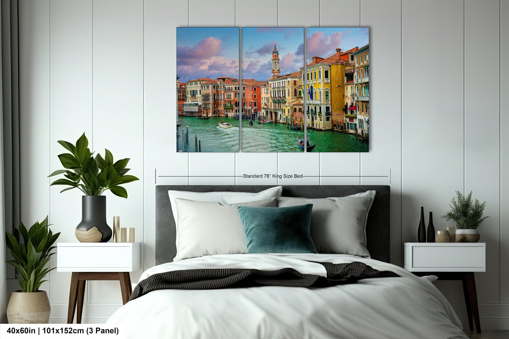a bedroom with a bed and a painting on the wall