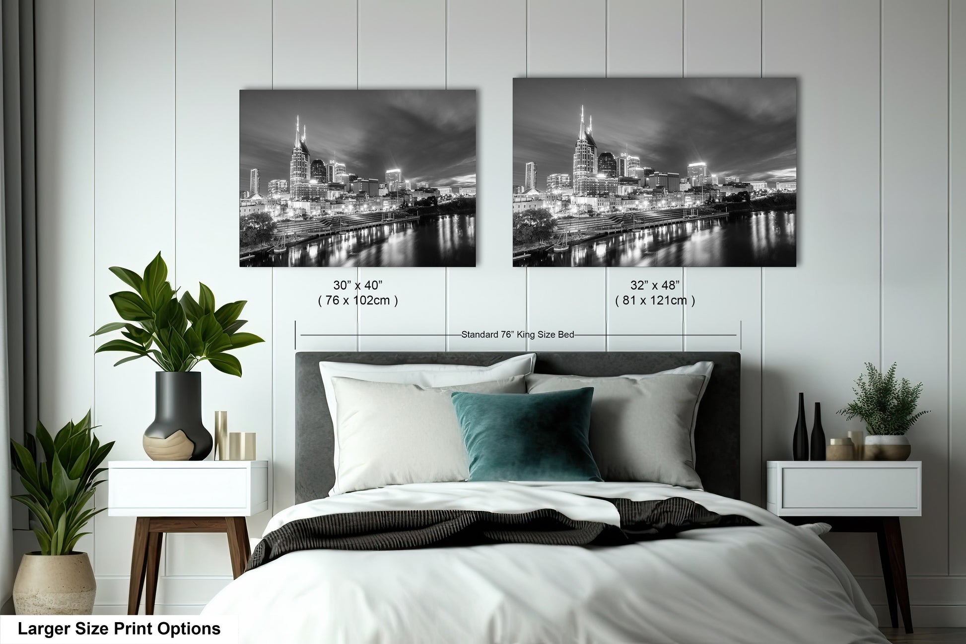 a bedroom with a bed and two pictures on the wall
