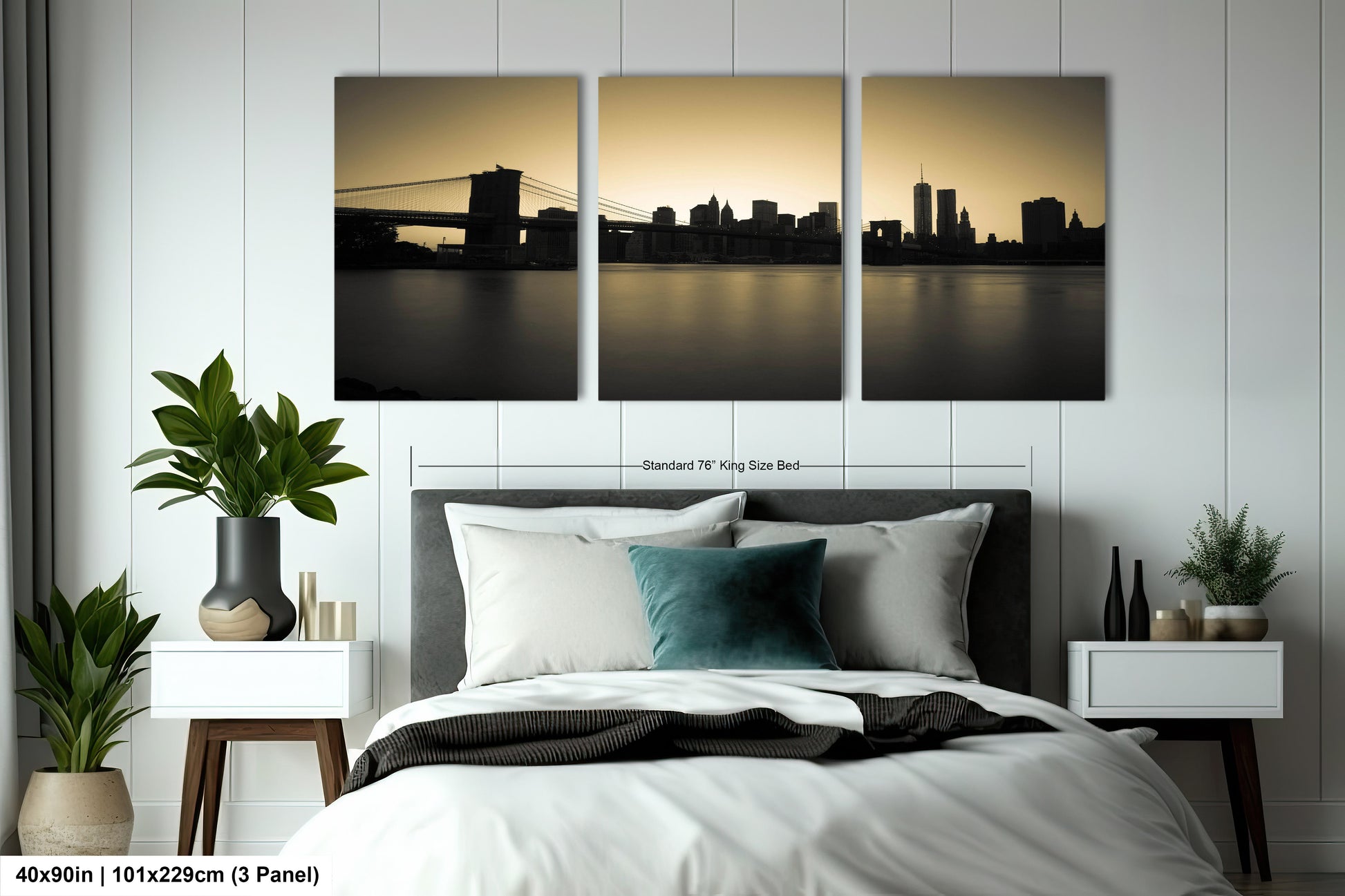 a bedroom with a bed and three paintings on the wall