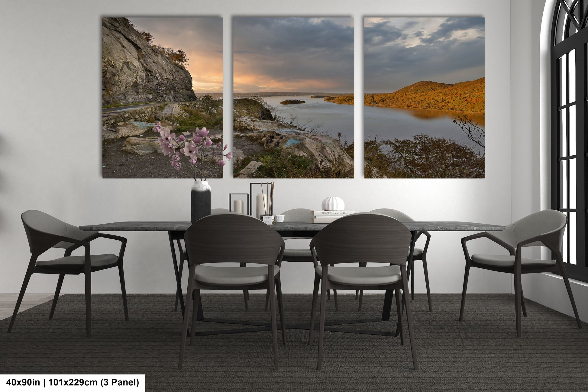 a dining room with a table and chairs