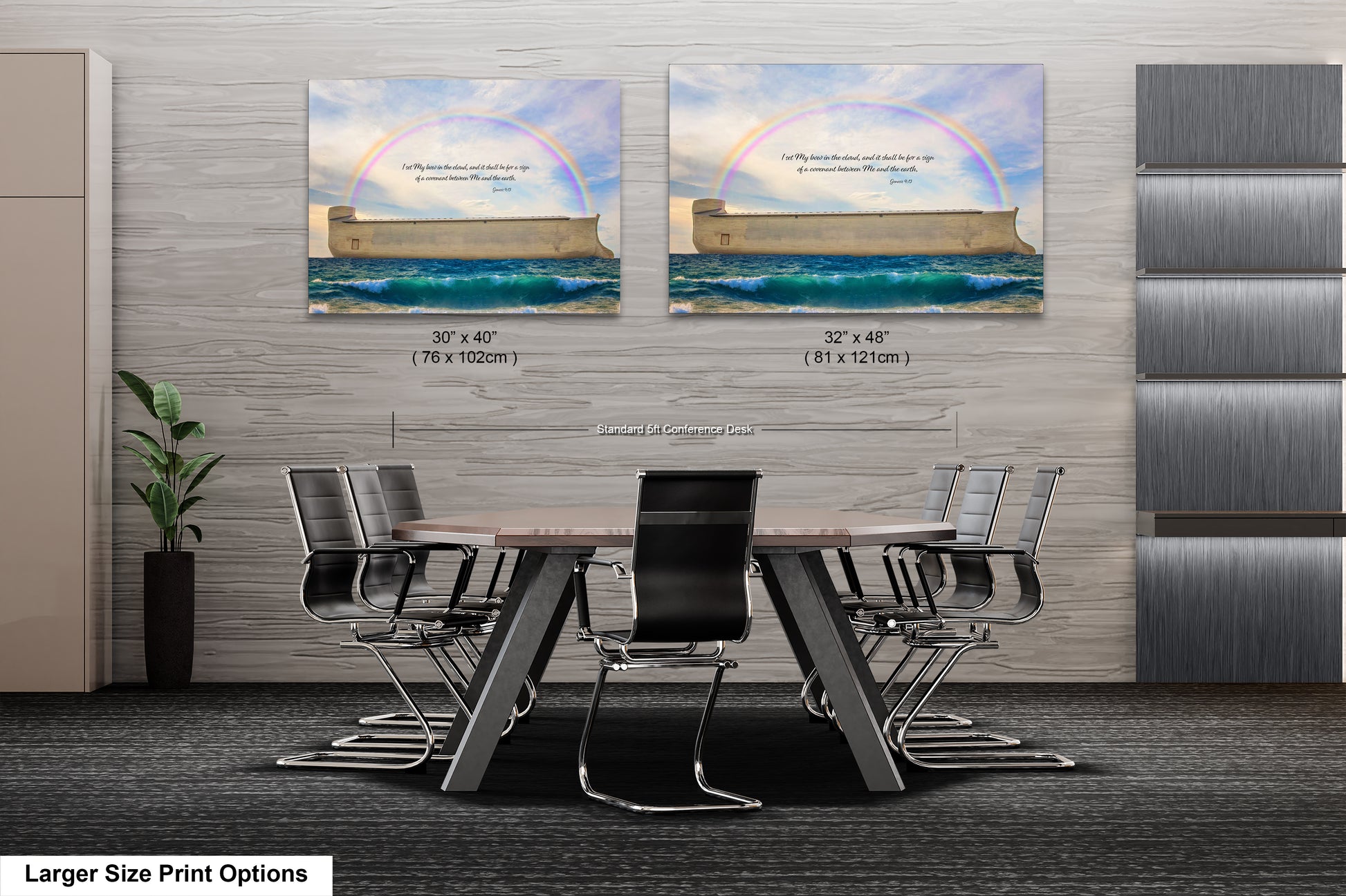 a room with a table and chairs and two pictures on the wall