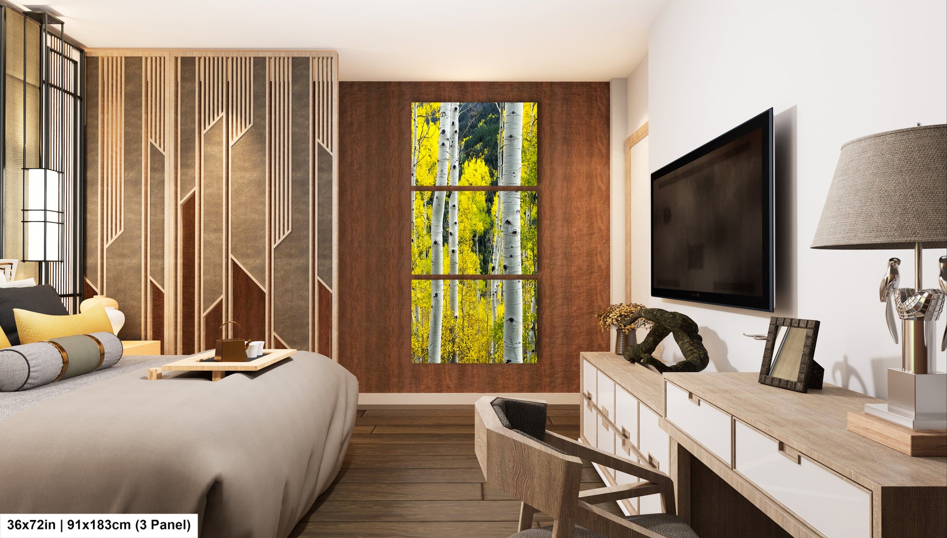 a bed room with a neatly made bed and a flat screen tv