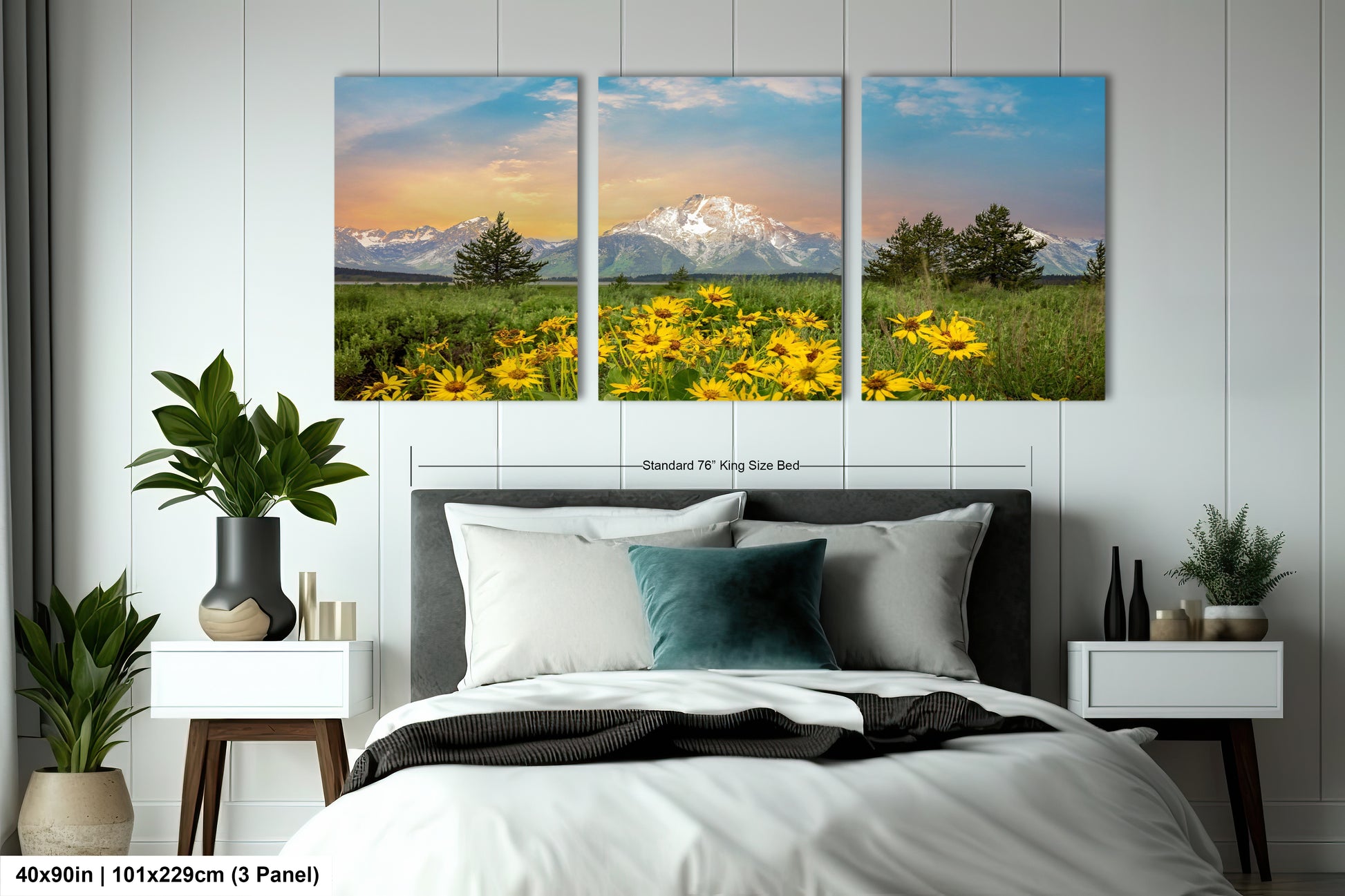 a bed room with a neatly made bed and two pictures on the wall