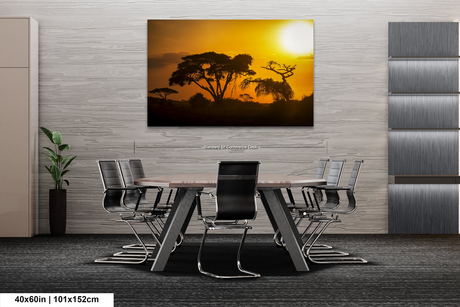 a dining room table with chairs and a painting on the wall