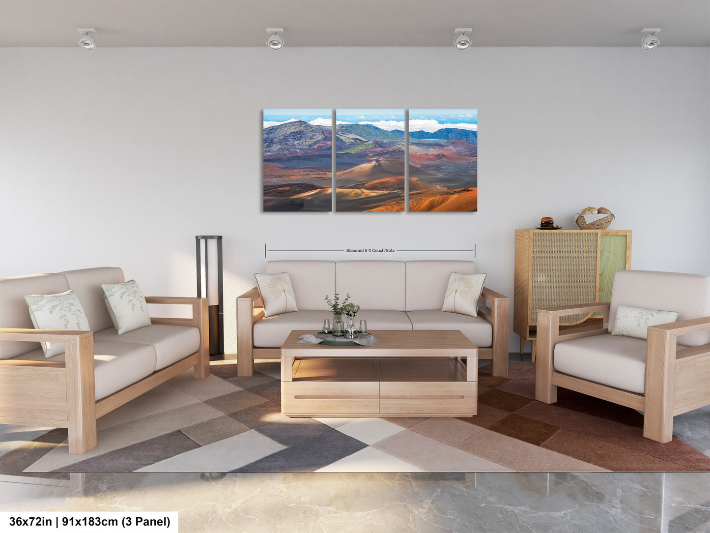 The image is a modern living room with a large, three-panel landscape painting hanging on the wall. The painting depicts a desert scene with mountains in the background. The room is furnished with a sofa, two chairs, and a coffee table, creating a comfortable and inviting atmosphere.