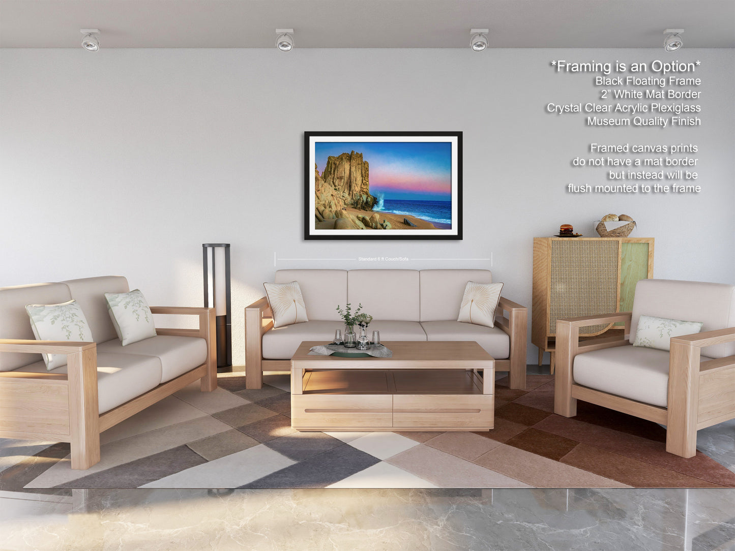 a living room filled with furniture and a painting on the wall