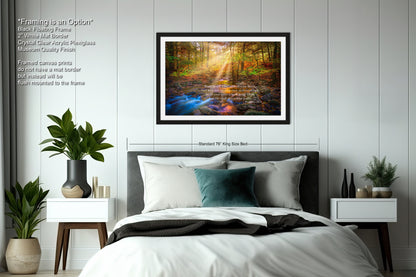 a bedroom with a large bed and a picture on the wall