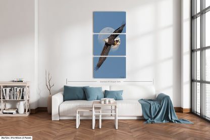 a living room with a white sofa, a coffee table, and a bookshelf. Above the sofa, there is a large canvas print of a bald eagle in flight, with a full moon in the background.