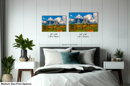 a bed room with a neatly made bed and two pictures on the wall