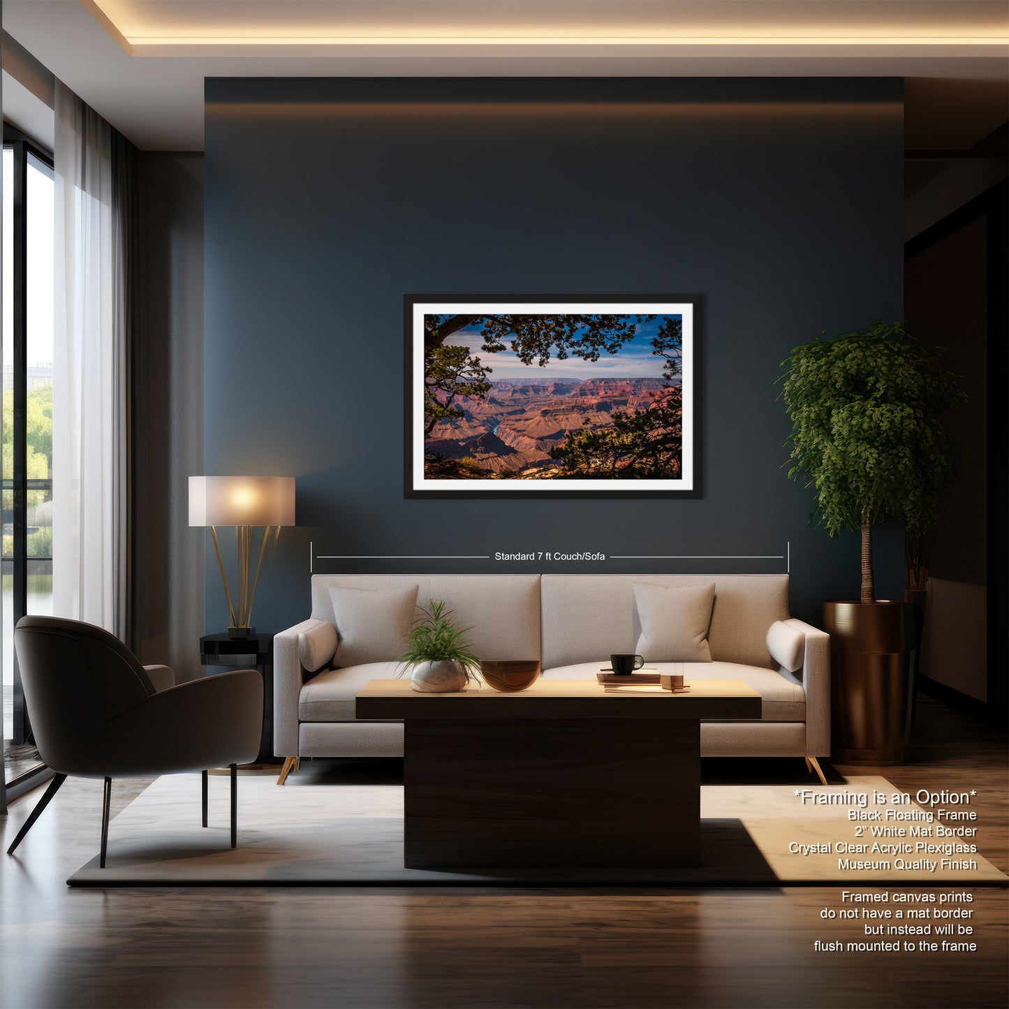 a living room with a couch a chair and a painting on the wall