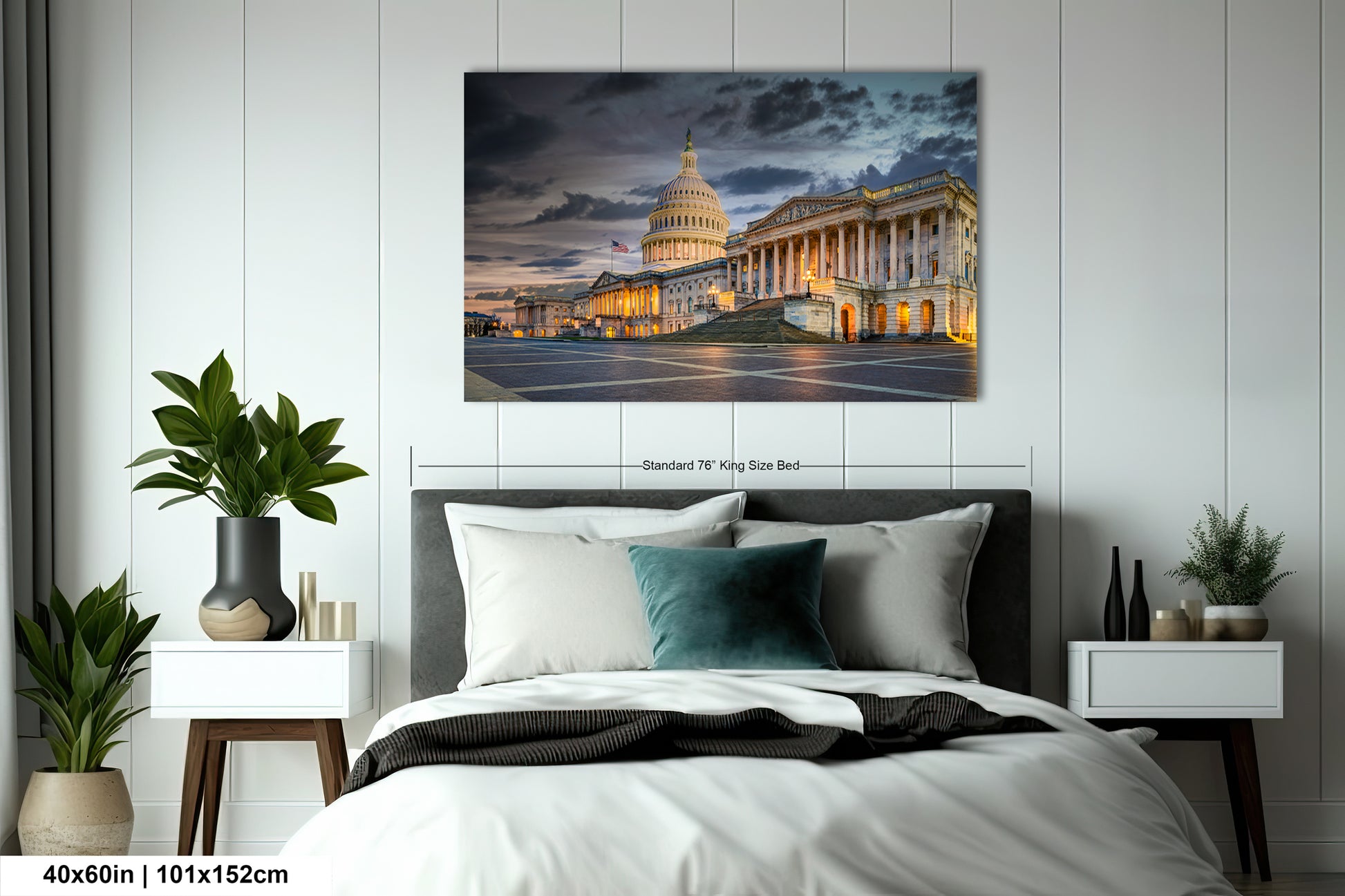 a bedroom with a large bed and a painting on the wall