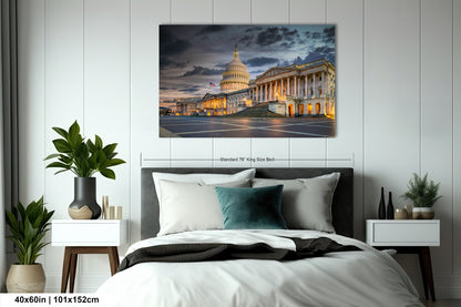 a bedroom with a large bed and a painting on the wall