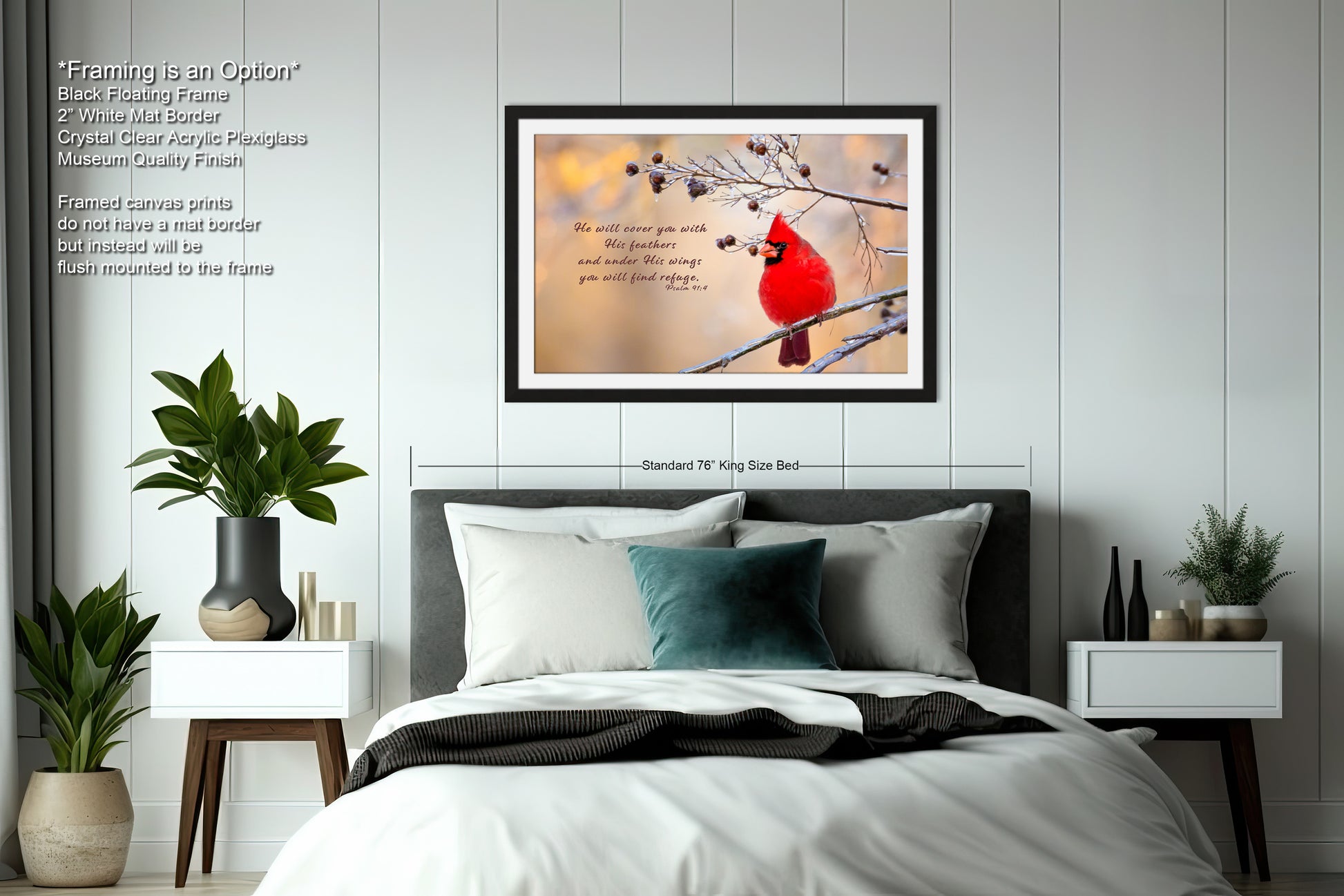 a red cardinal sitting on a tree branch in a bedroom