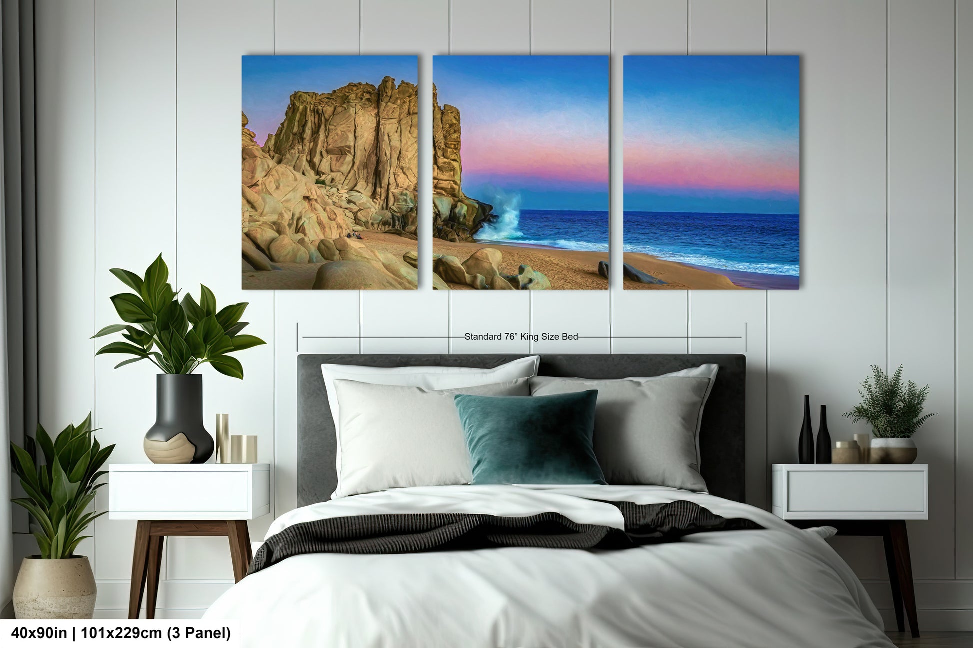 a bedroom with a bed and three paintings on the wall