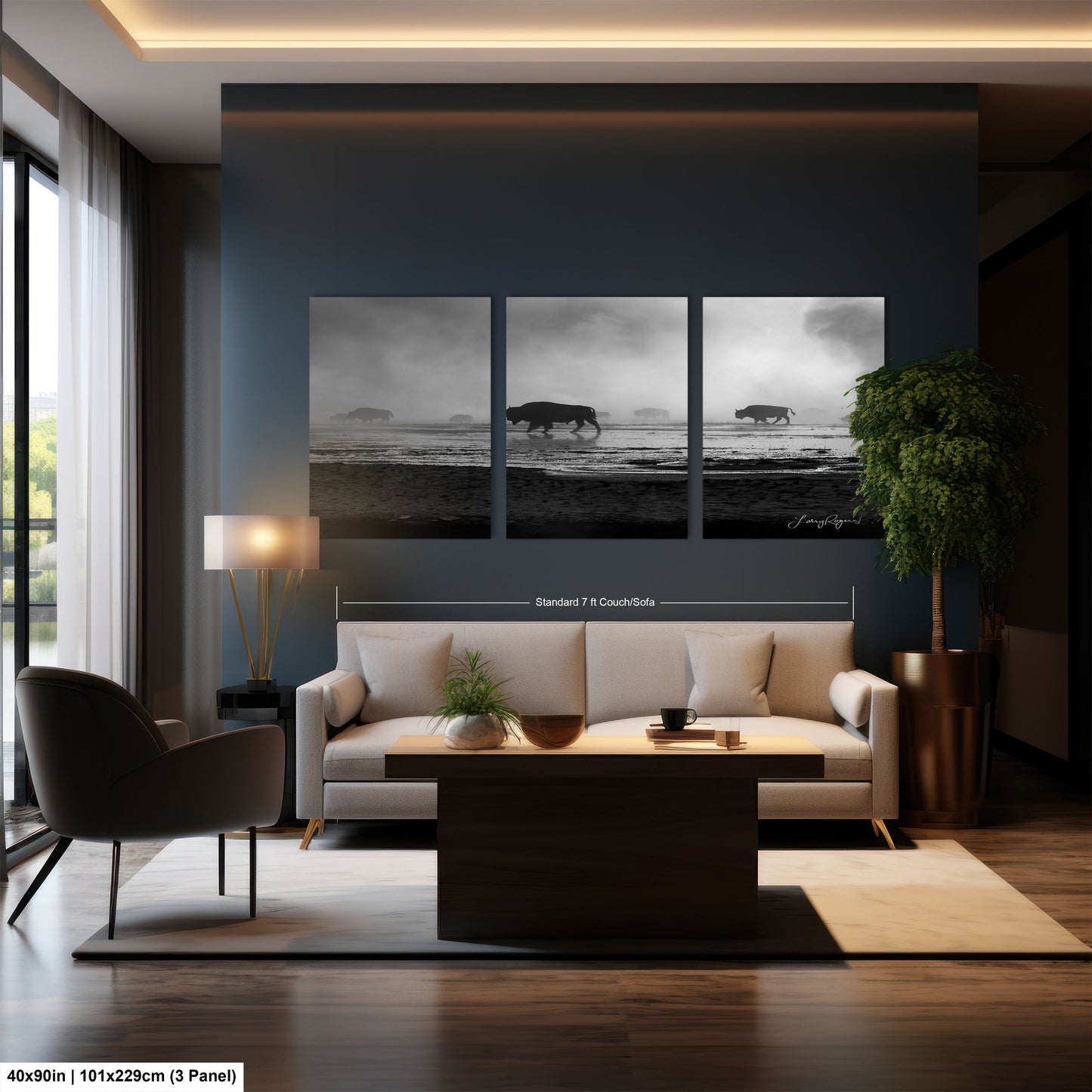 a living room filled with furniture and a painting on the wall