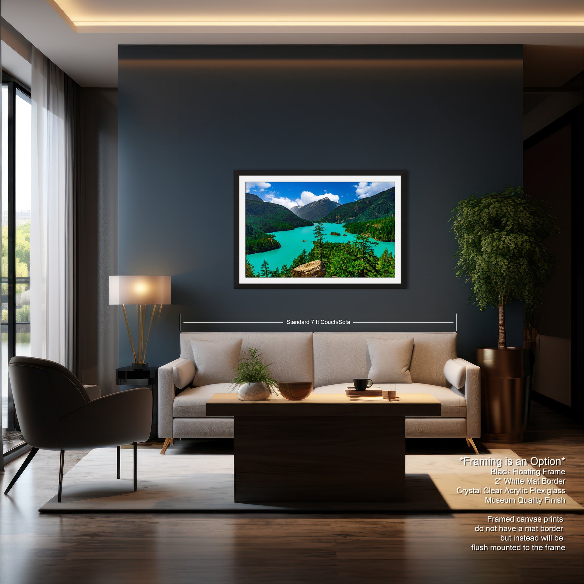 a modern living room with a large framed landscape painting hanging on the wall, featuring a serene mountain lake surrounded by lush greenery.