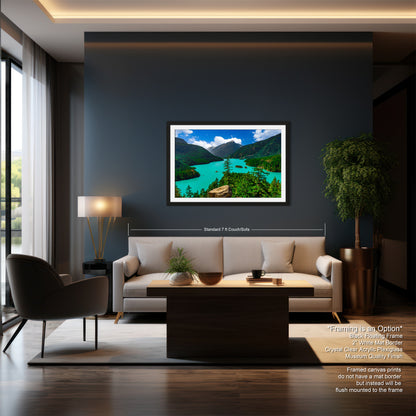 a modern living room with a large framed landscape painting hanging on the wall, featuring a serene mountain lake surrounded by lush greenery.
