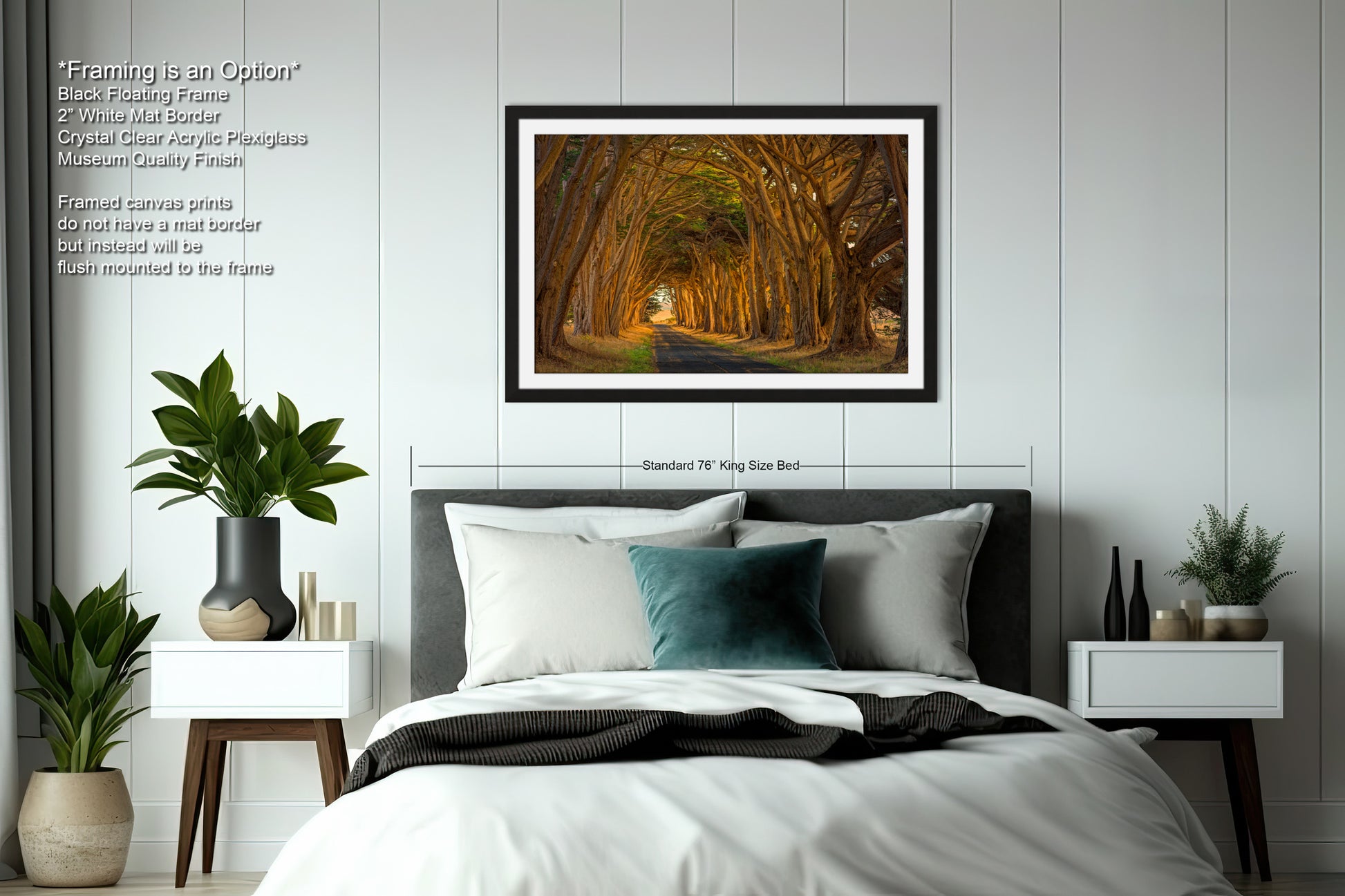 a bedroom with a bed and a picture hanging on the wall