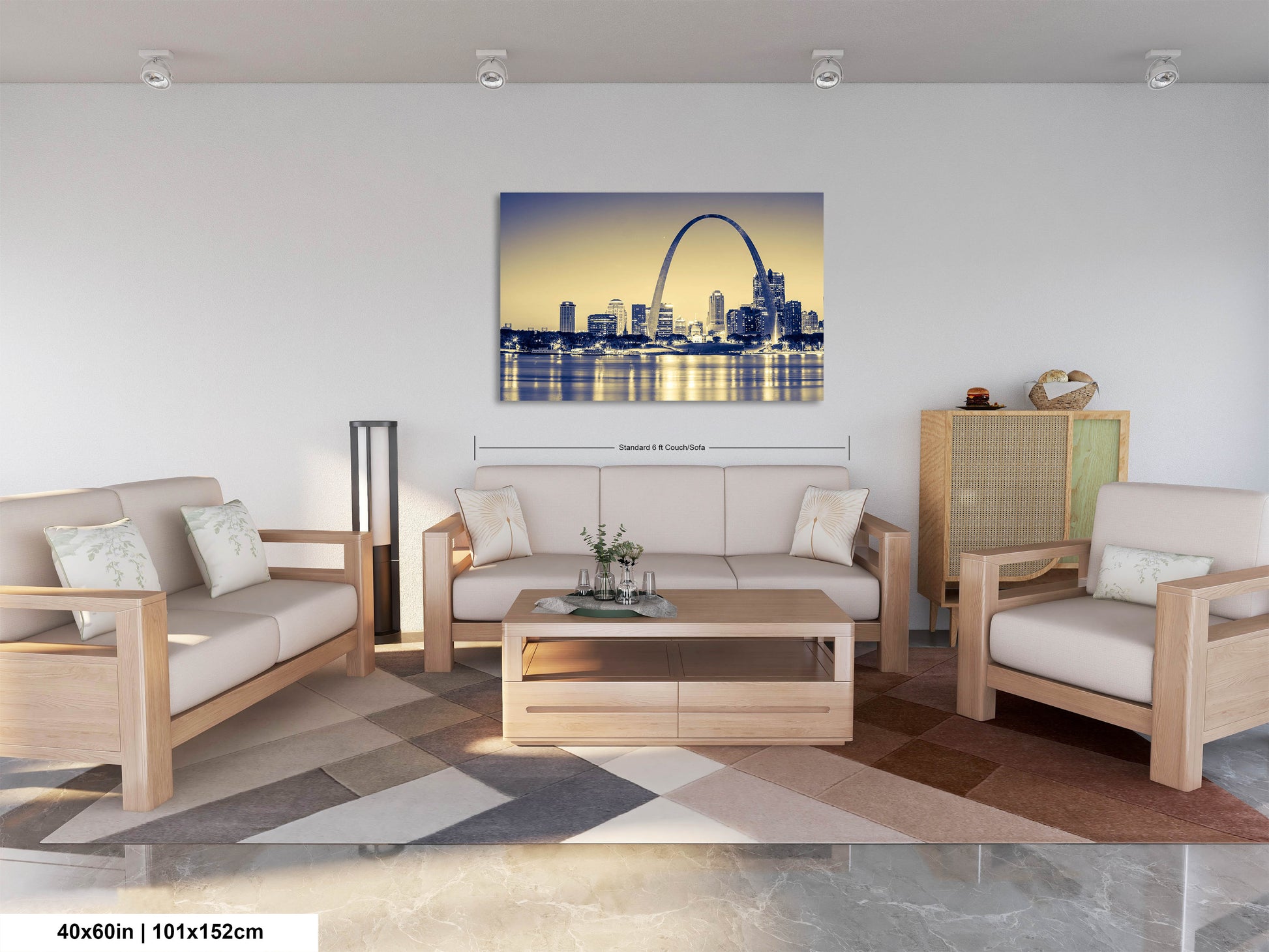 a living room filled with furniture and a painting on the wall