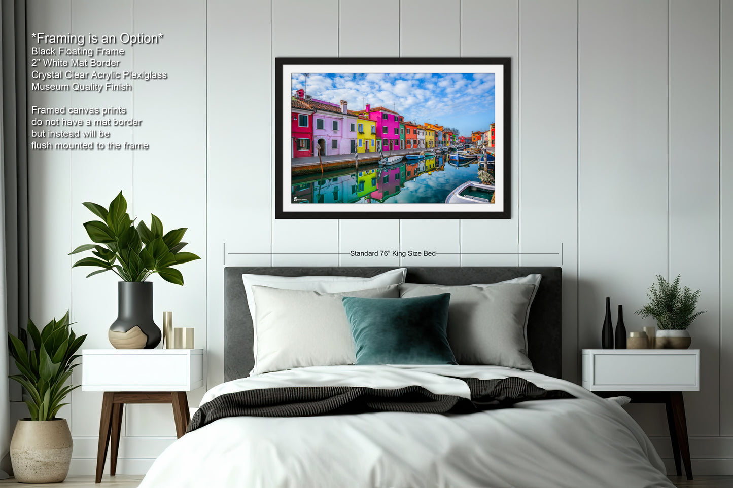 a bedroom with a bed and a painting on the wall