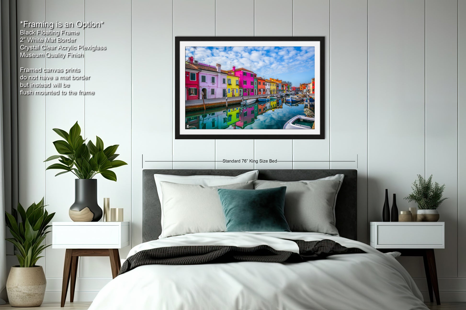 a bedroom with a bed and a painting on the wall